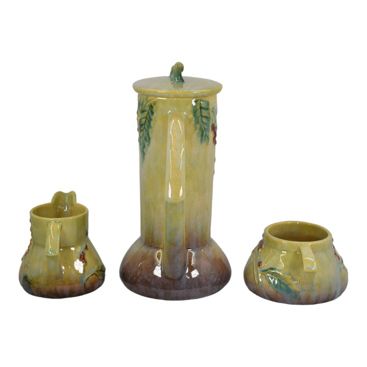 Roseville Wincraft Green 1948 Art Pottery Teapot Sugar Bowl Creamer Tea Set 250 - Just Art Pottery