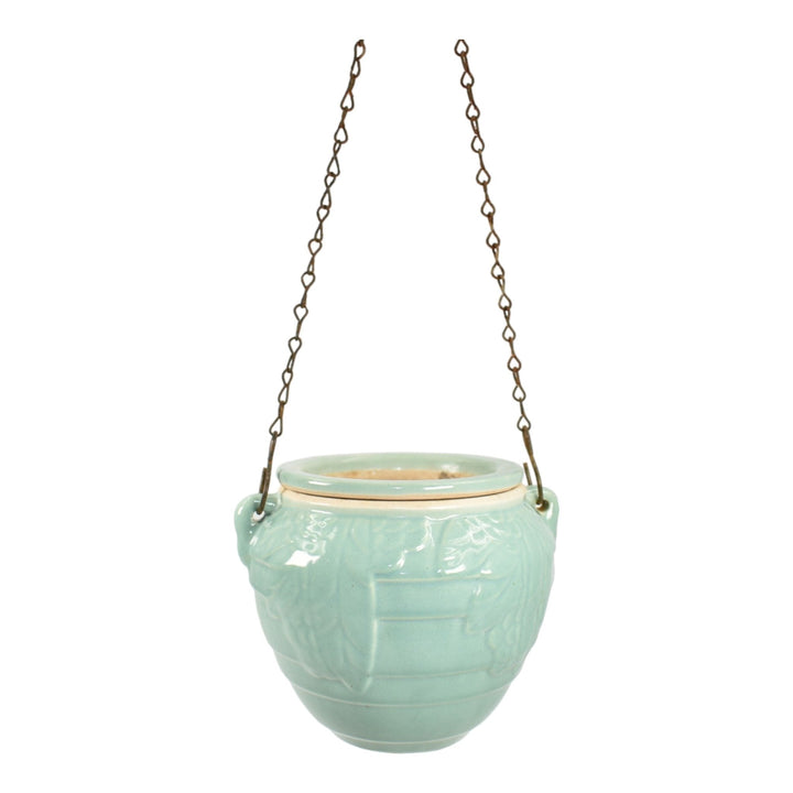 McCoy Vintage Pottery Blue Green Ceramic Flower Pot Planter Hanging Basket - Just Art Pottery