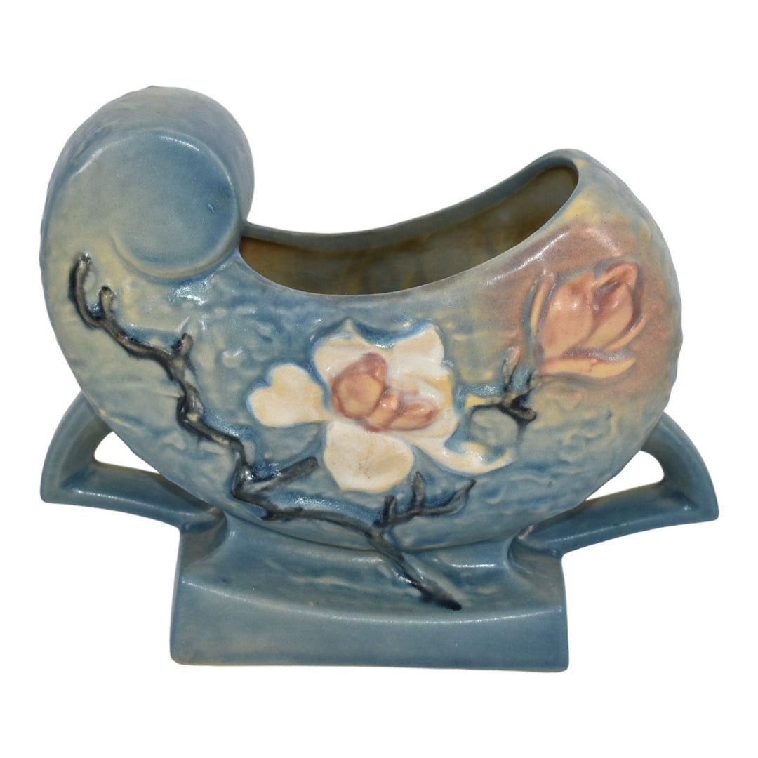 Roseville Magnolia Blue 1943 Vintage Art Pottery Ceramic Cornucopia Vase 183-6