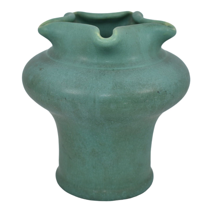 Camark 1920s Vintage Arts And Crafts Pottery Matte Green Pinched Star Rim Vase - Just Art Pottery