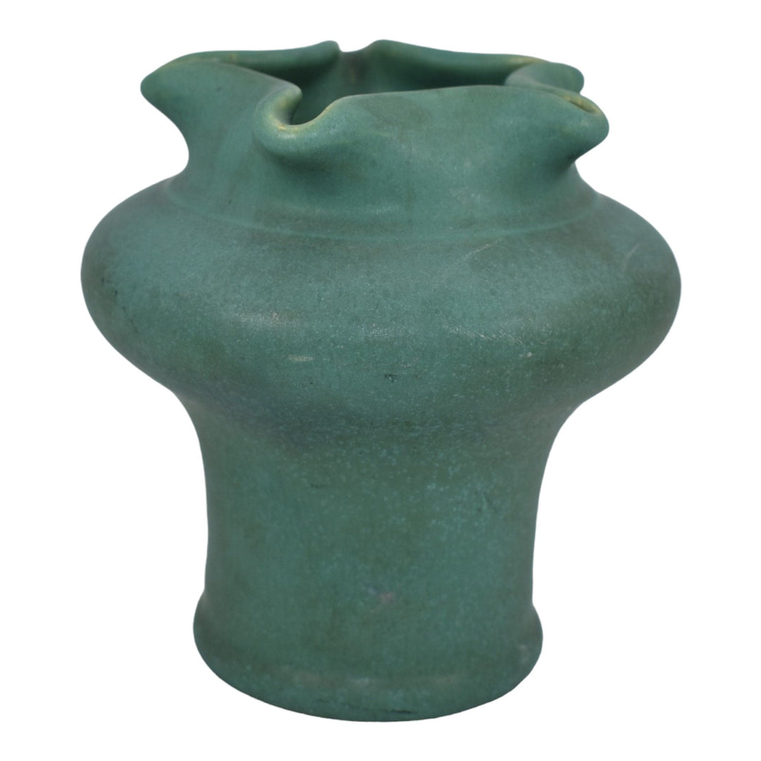 Camark 1920s Vintage Arts And Crafts Pottery Matte Green Pinched Star Rim Vase - Just Art Pottery