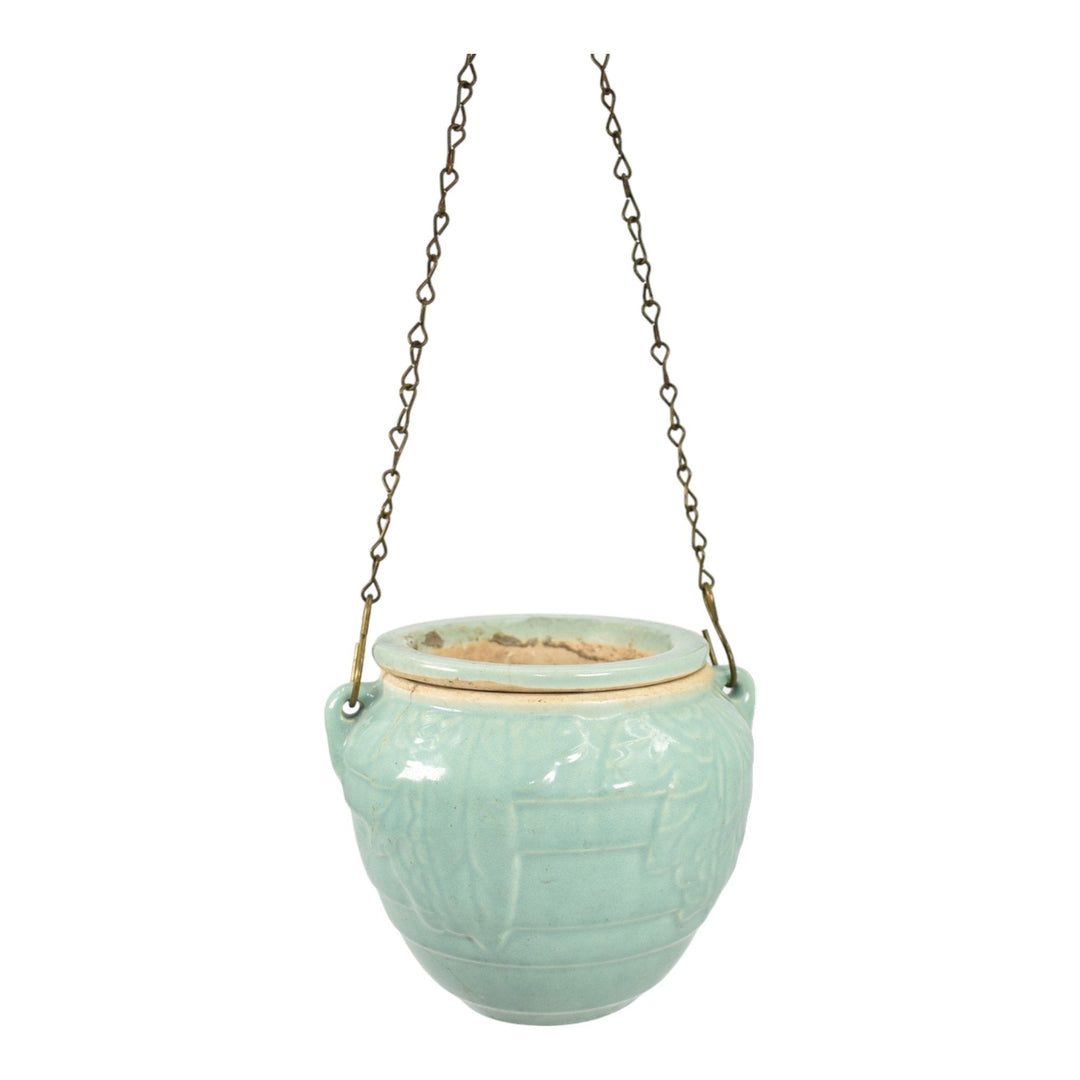 McCoy Vintage Pottery Blue Green Ceramic Flower Pot Planter Hanging Basket - Just Art Pottery