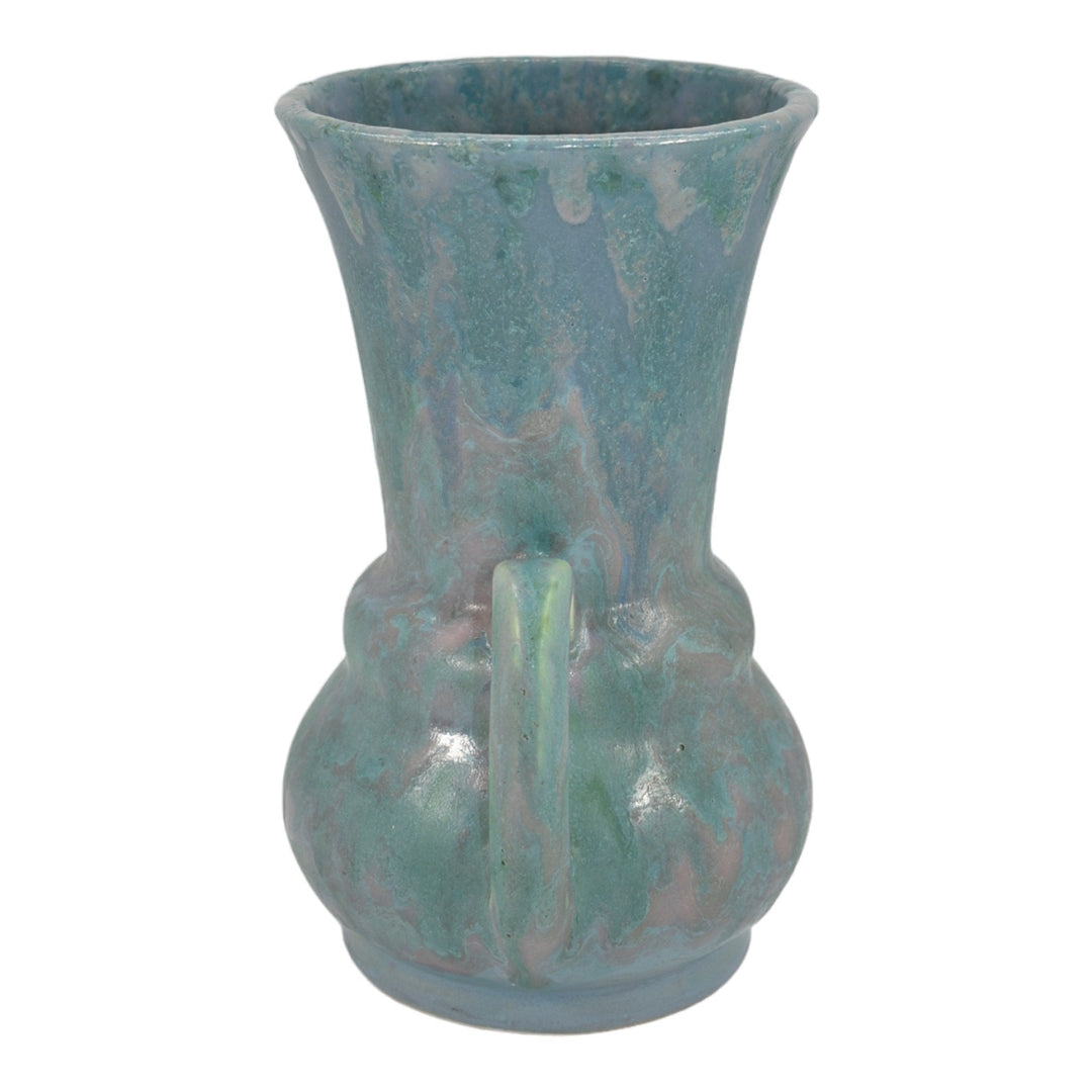 Roseville Carnelian II 1926 Art Deco Pottery Mottled Blue Handled Vase 332-8 - Just Art Pottery
