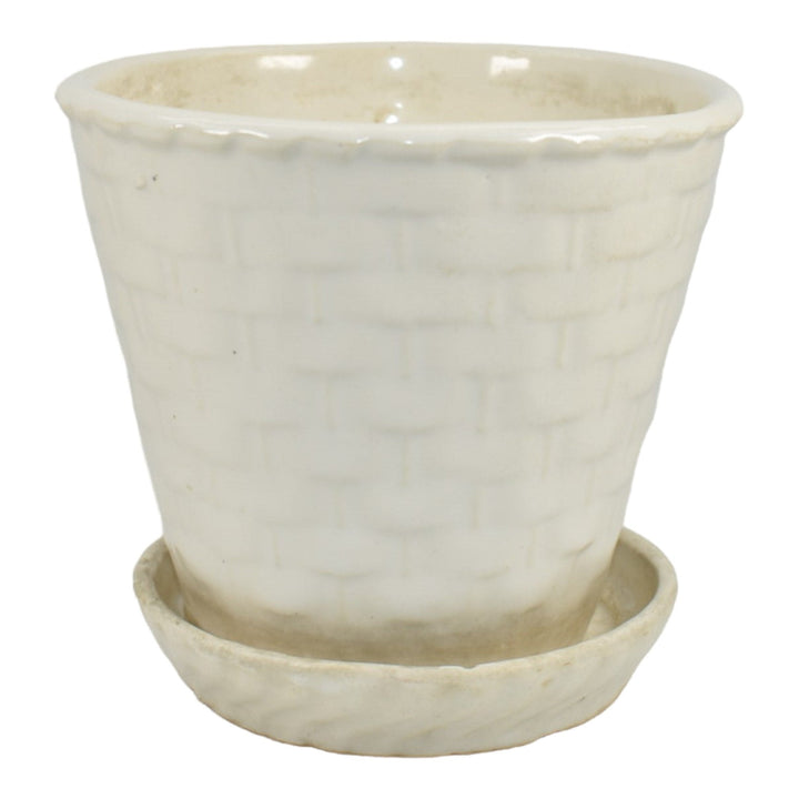 McCoy Mid Century Modern Art Pottery White Basket Weave Flower Pot Planter - Just Art Pottery