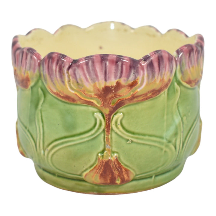 European Vintage Art Pottery Pink Floral Green Ceramic Jardiniere Planter 694
