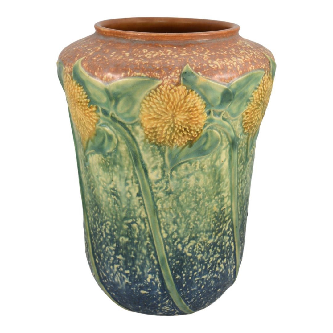 Roseville Sunflower 1930 Vintage Arts And Crafts Pottery Ceramic Vase 492-10 - Just Art Pottery
