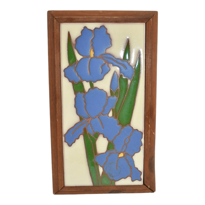 Vintage Art Pottery Blue Iris Ceramic Framed Tile - Just Art Pottery