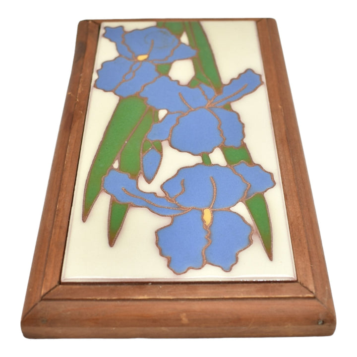 Vintage Art Pottery Blue Iris Ceramic Framed Tile - Just Art Pottery