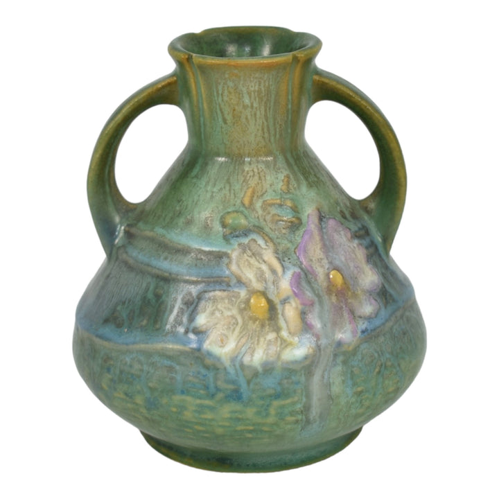Roseville Cosmos Green 1939 Vintage Art Deco Pottery Blue Ceramic Vase 944-4