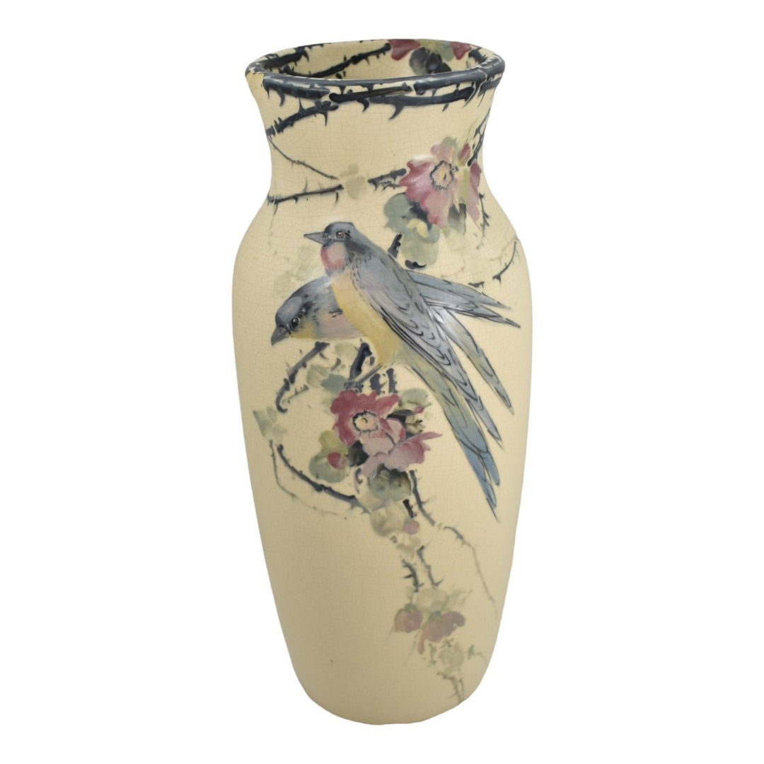 Weller White And Decorated 1920s Art Pottery Hand Painted Blue Birds Roses Vase - Just Art Pottery
