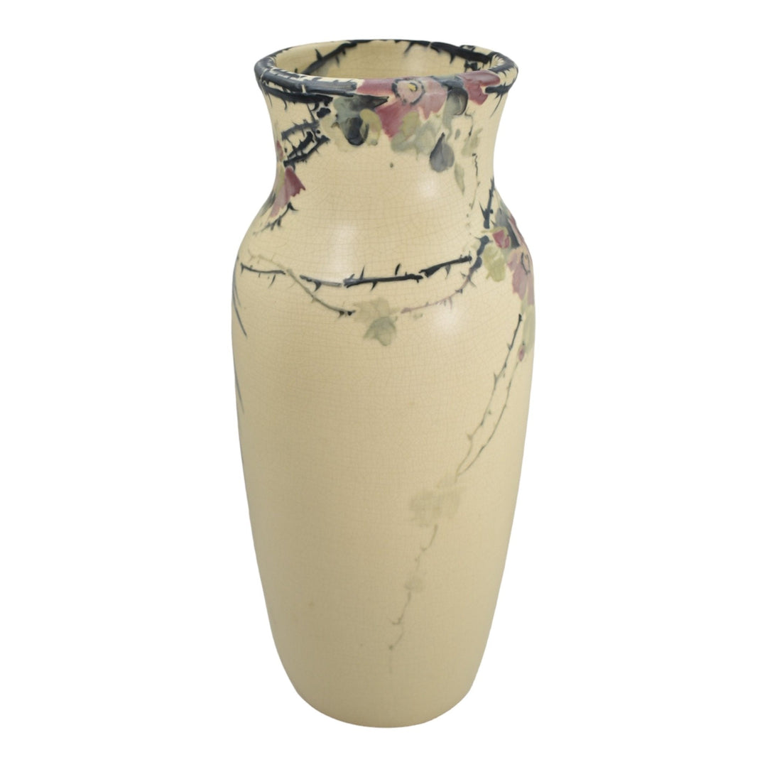 Weller White And Decorated 1920s Art Pottery Hand Painted Blue Birds Roses Vase - Just Art Pottery