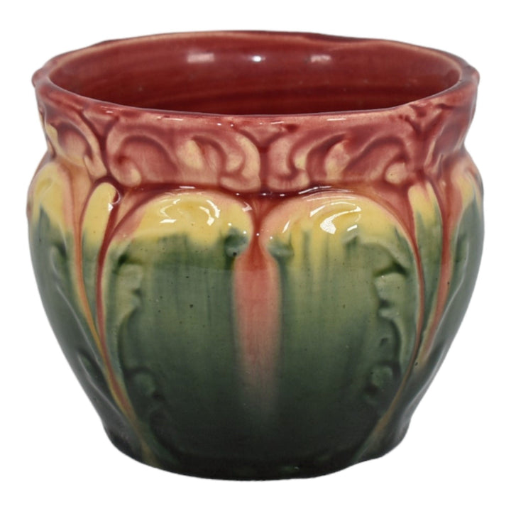 Roseville Blended Majolica 1900s Art Pottery Red Green Jardiniere Planter 454 - Just Art Pottery