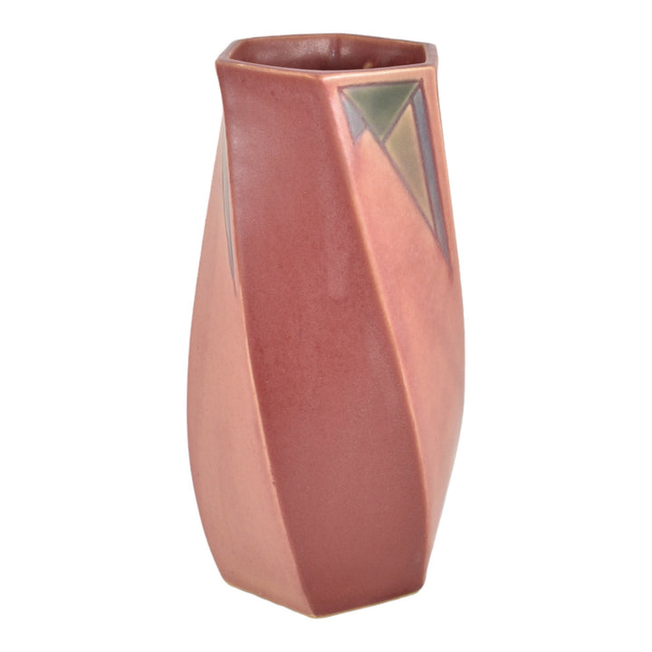 Roseville Futura Pink 1928 Vintage Art Deco Pottery Ceramic Twist Vase 425-8 - Just Art Pottery