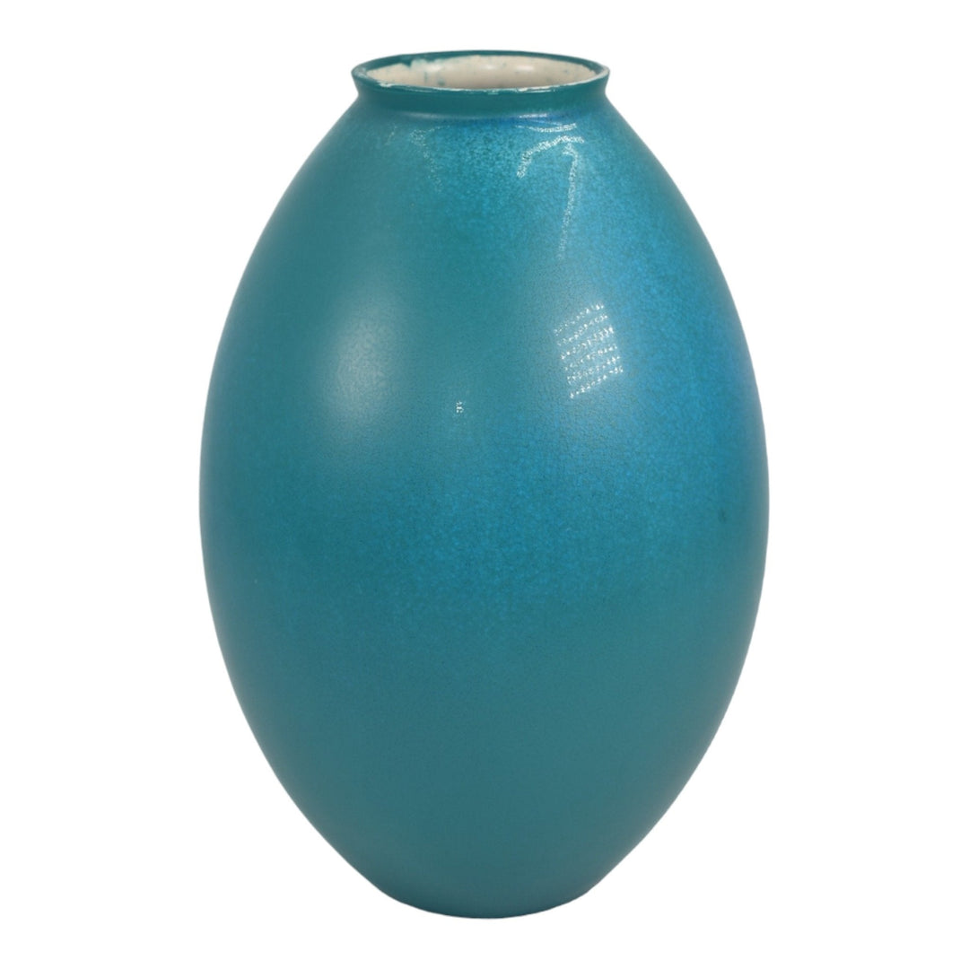 Amaco American Art Clay 1930-40s Art Deco Pottery Turquoise Blue Bulbous Vase 91