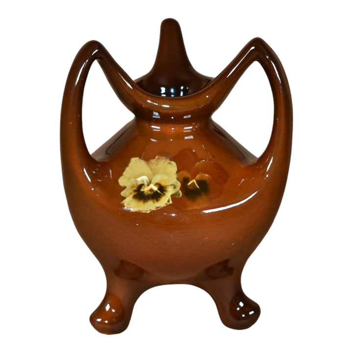 Weller Louwelsa 1900s Vintage Art Pottery Brown Three Footed Flower Vase Hurst - Just Art Pottery