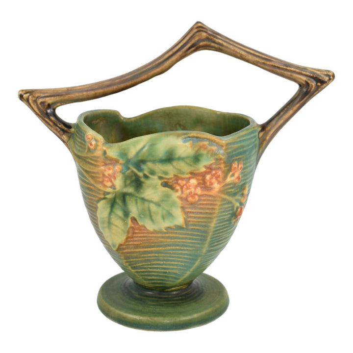 Roseville Bushberry Green 1941 Vintage Art Pottery Ceramic Basket 370-8 - Just Art Pottery