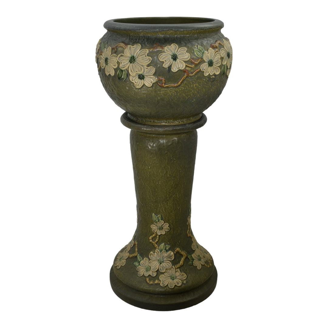 Roseville Dogwood Textured Green 1926 Pottery Ceramic Jardiniere Pedestal 608 - Just Art Pottery