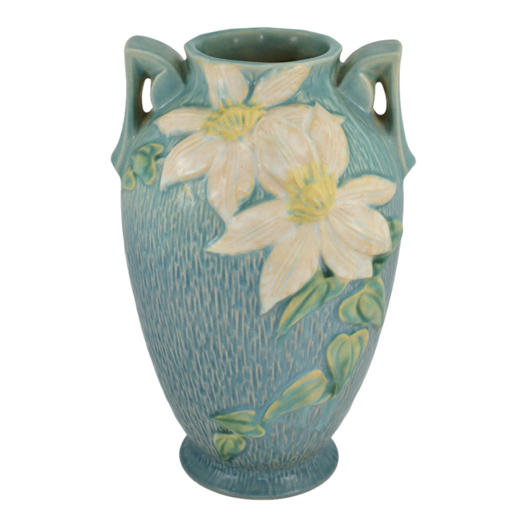 Roseville Clematis 1944 Mid Century Modern Art Pottery Blue Ceramic Vase 110-9 - Just Art Pottery