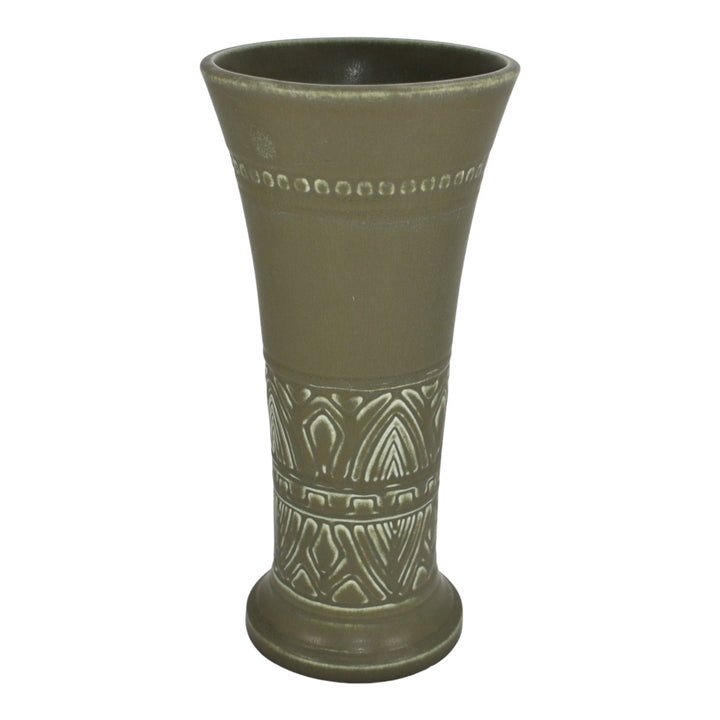 Rookwood 1925 Vintage Pottery Matte Olive Green Geometric Flared Rim Vase 2889 - Just Art Pottery