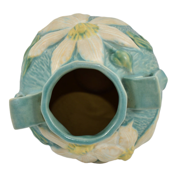 Roseville Clematis 1944 Mid Century Modern Art Pottery Blue Ceramic Vase 110-9 - Just Art Pottery