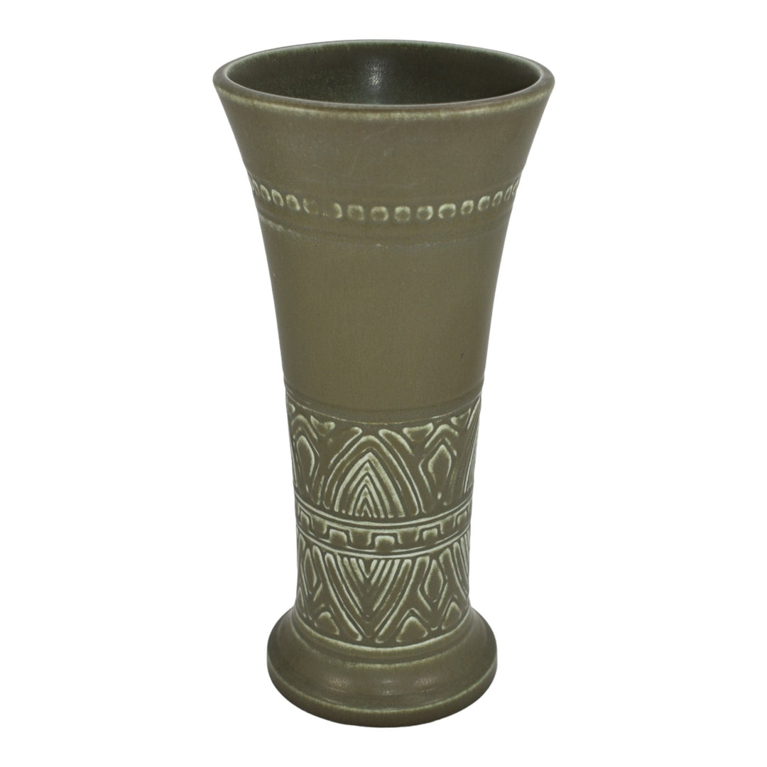 Rookwood 1925 Vintage Pottery Matte Olive Green Geometric Flared Rim Vase 2889 - Just Art Pottery