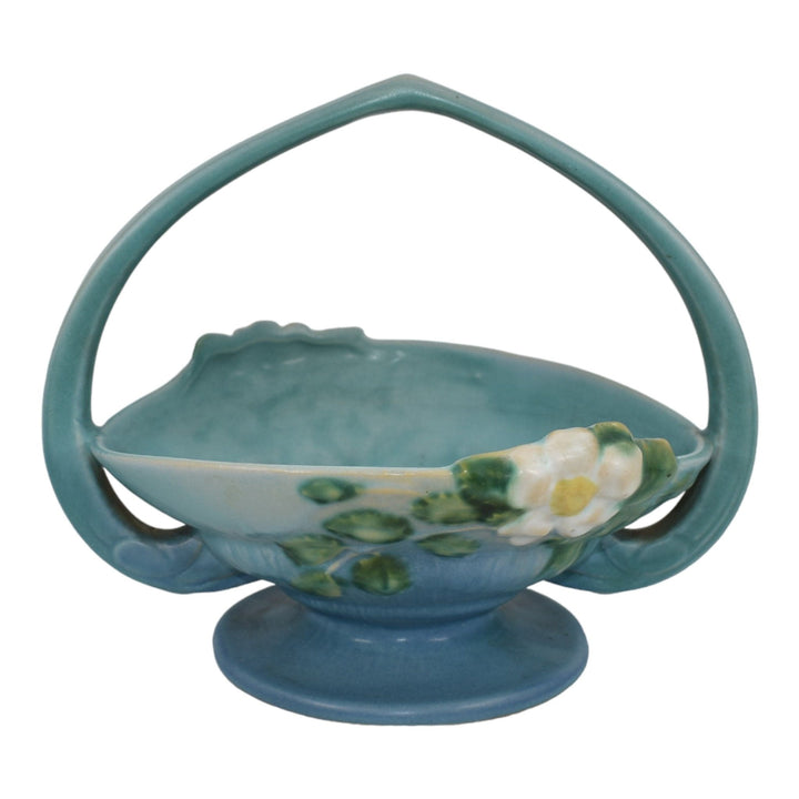 Roseville White Rose Blue 1940 Mid Century Modern Pottery Ceramic Basket 362-8 - Just Art Pottery