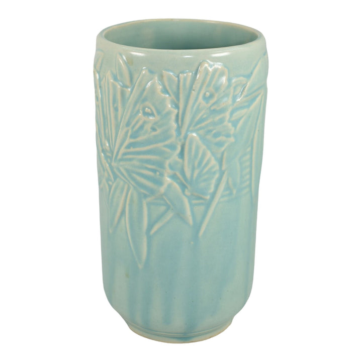 McCoy Butterfly Line 1940s Vintage Pottery Green Cylindrical Ceramic Vase 400 - Just Art Pottery