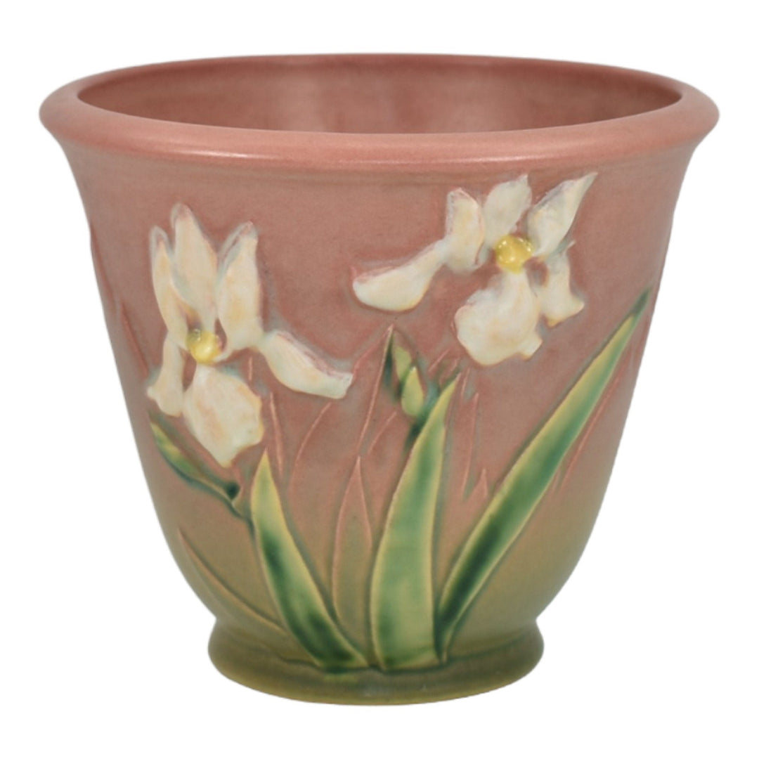 Roseville Iris Pink 1938 Vintage Art Pottery Ceramic Flower Pot Planter 648-5 - Just Art Pottery