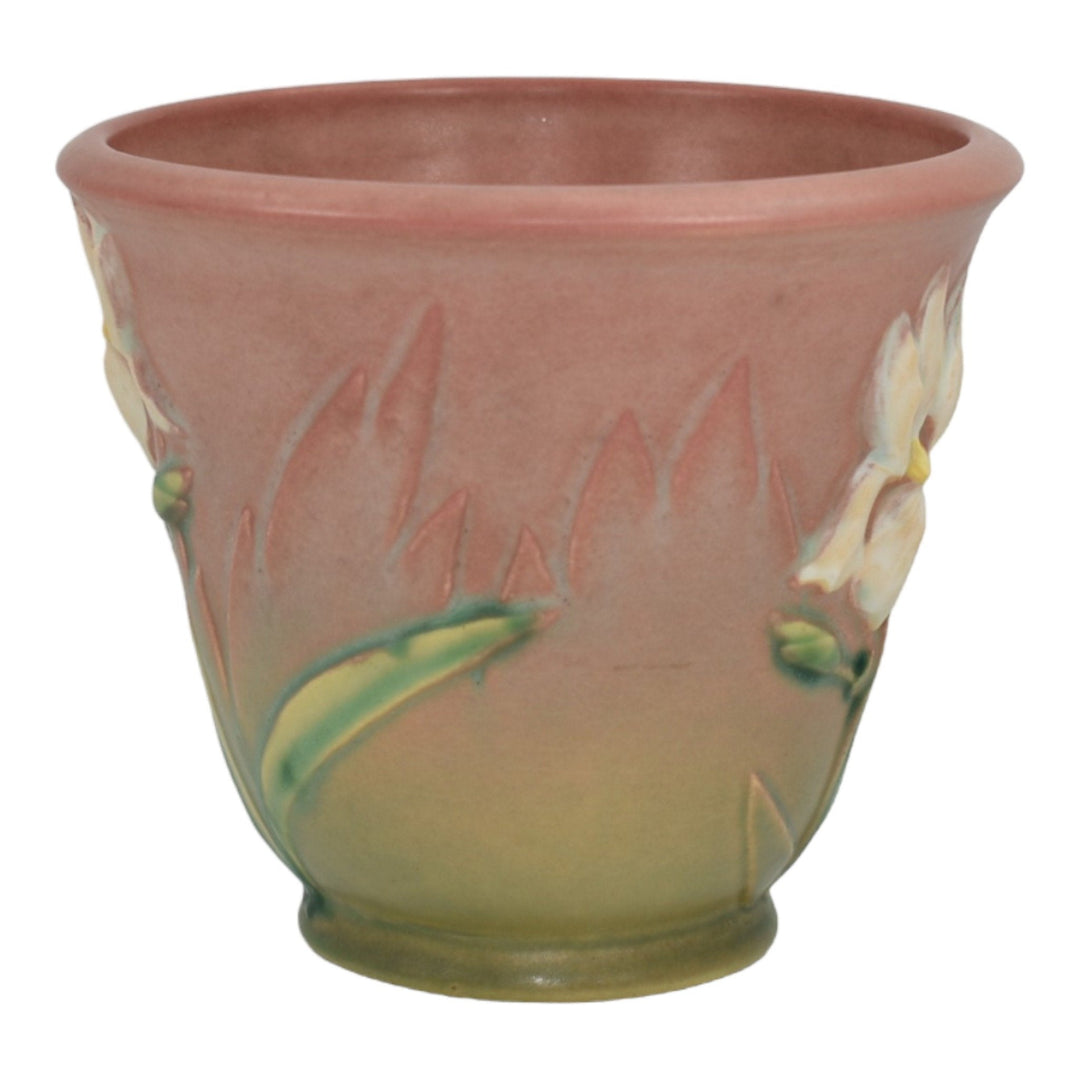 Roseville Iris Pink 1938 Vintage Art Pottery Ceramic Flower Pot Planter 648-5 - Just Art Pottery
