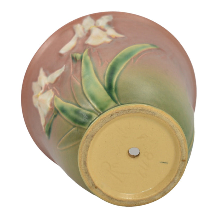 Roseville Iris Pink 1938 Vintage Art Pottery Ceramic Flower Pot Planter 648-5 - Just Art Pottery