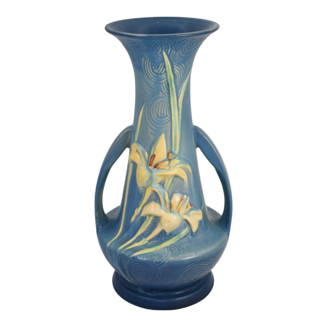 Roseville Zephyr Lily Blue 1945 Vintage Art Pottery Ceramic Handled Vase 140-12 - Just Art Pottery