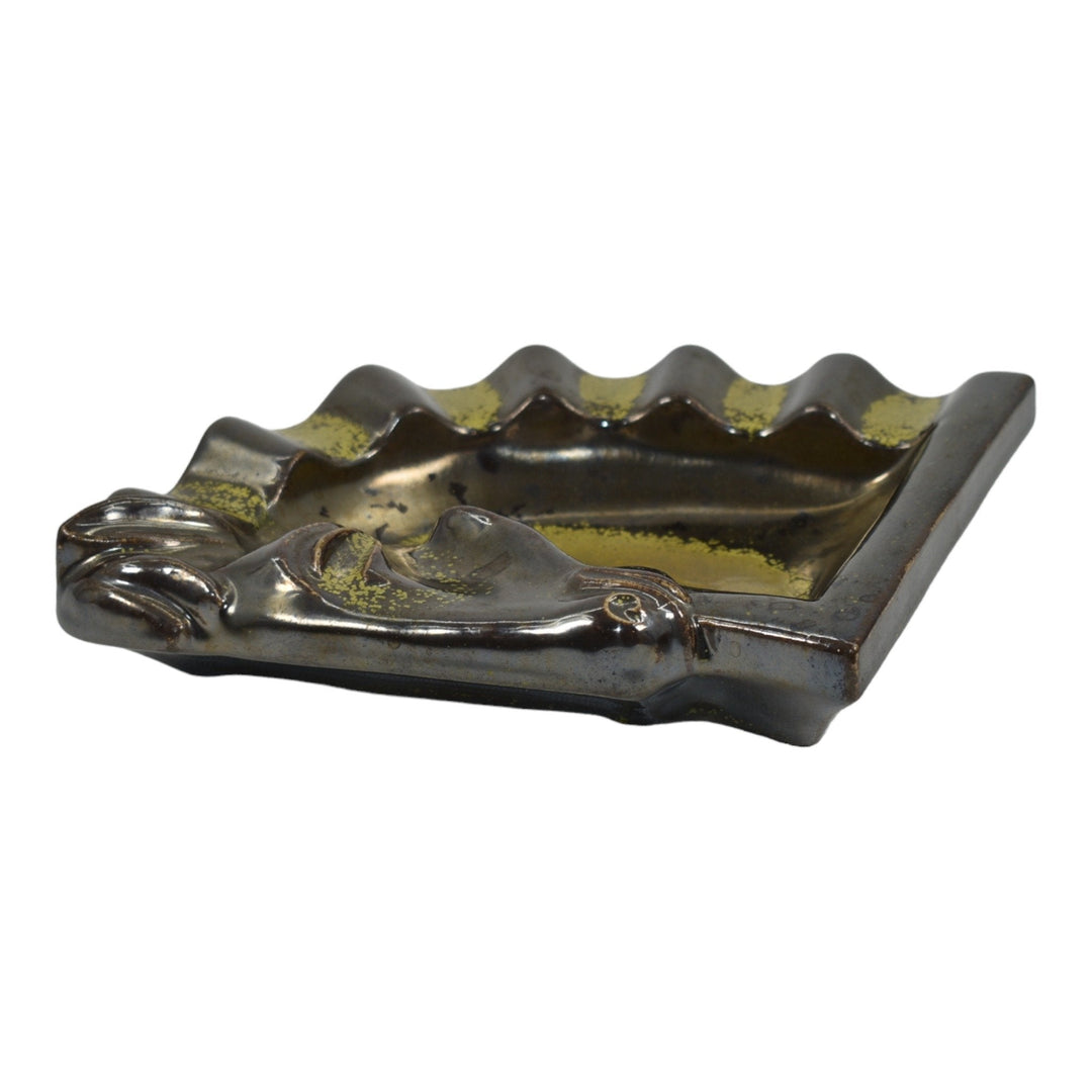 Kenton Hills Mid Century Modern Pottery Brown Green Horse Head Ashtray 182 - Just Art Pottery