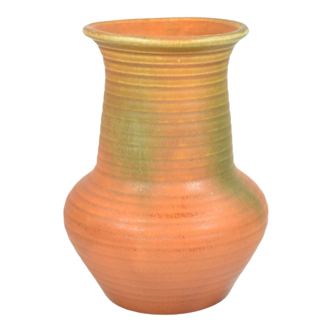 Muncie 1920s Vintage Art Deco Pottery Matte Green Over Orange Ceramic Vase 441 - Just Art Pottery