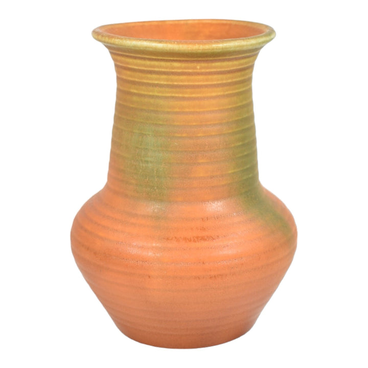 Muncie 1920s Vintage Art Deco Pottery Matte Green Over Orange Ceramic Vase 441 - Just Art Pottery