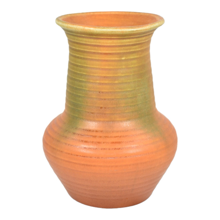 Muncie 1920s Vintage Art Deco Pottery Matte Green Over Orange Ceramic Vase 441 - Just Art Pottery