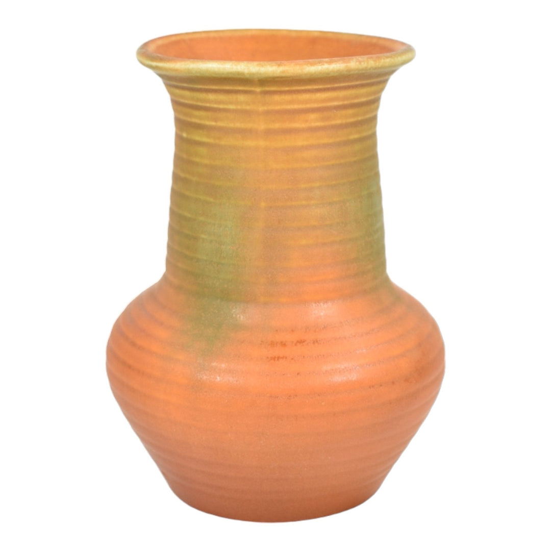 Muncie 1920s Vintage Art Deco Pottery Matte Green Over Orange Ceramic Vase 441 - Just Art Pottery