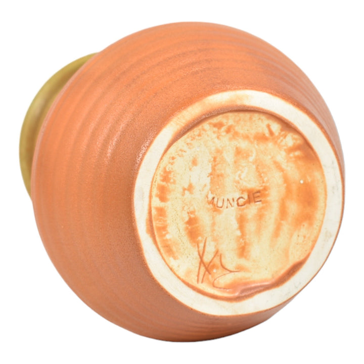 Muncie 1920s Vintage Art Deco Pottery Matte Green Over Orange Ceramic Vase 441 - Just Art Pottery