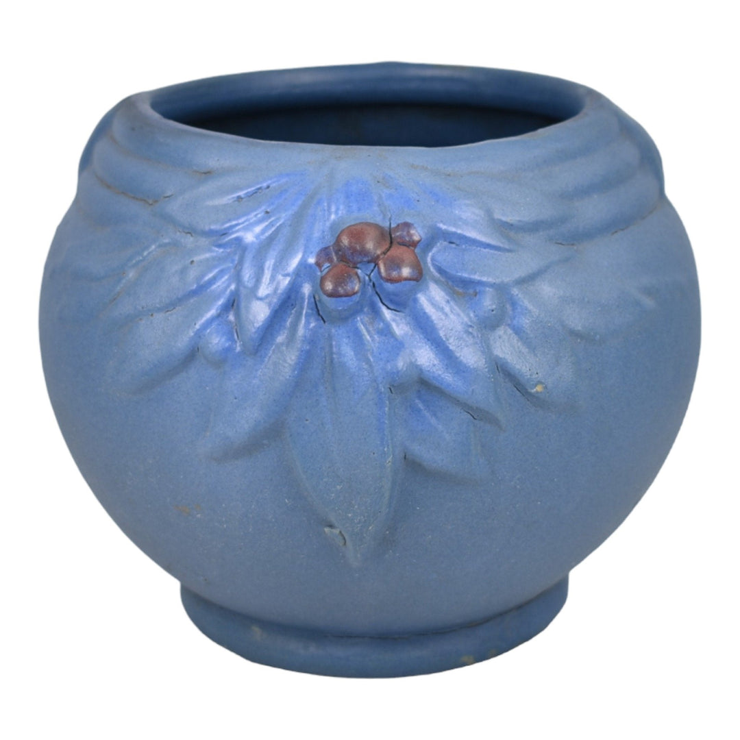 McCoy 1930s Art Pottery Berries And Leaves Blue Ceramic Jardiniere Planter 11