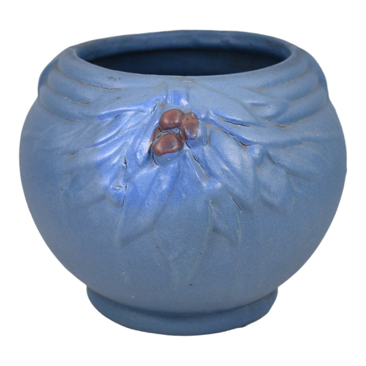 McCoy 1930s Art Pottery Berries And Leaves Blue Ceramic Jardiniere Planter 11