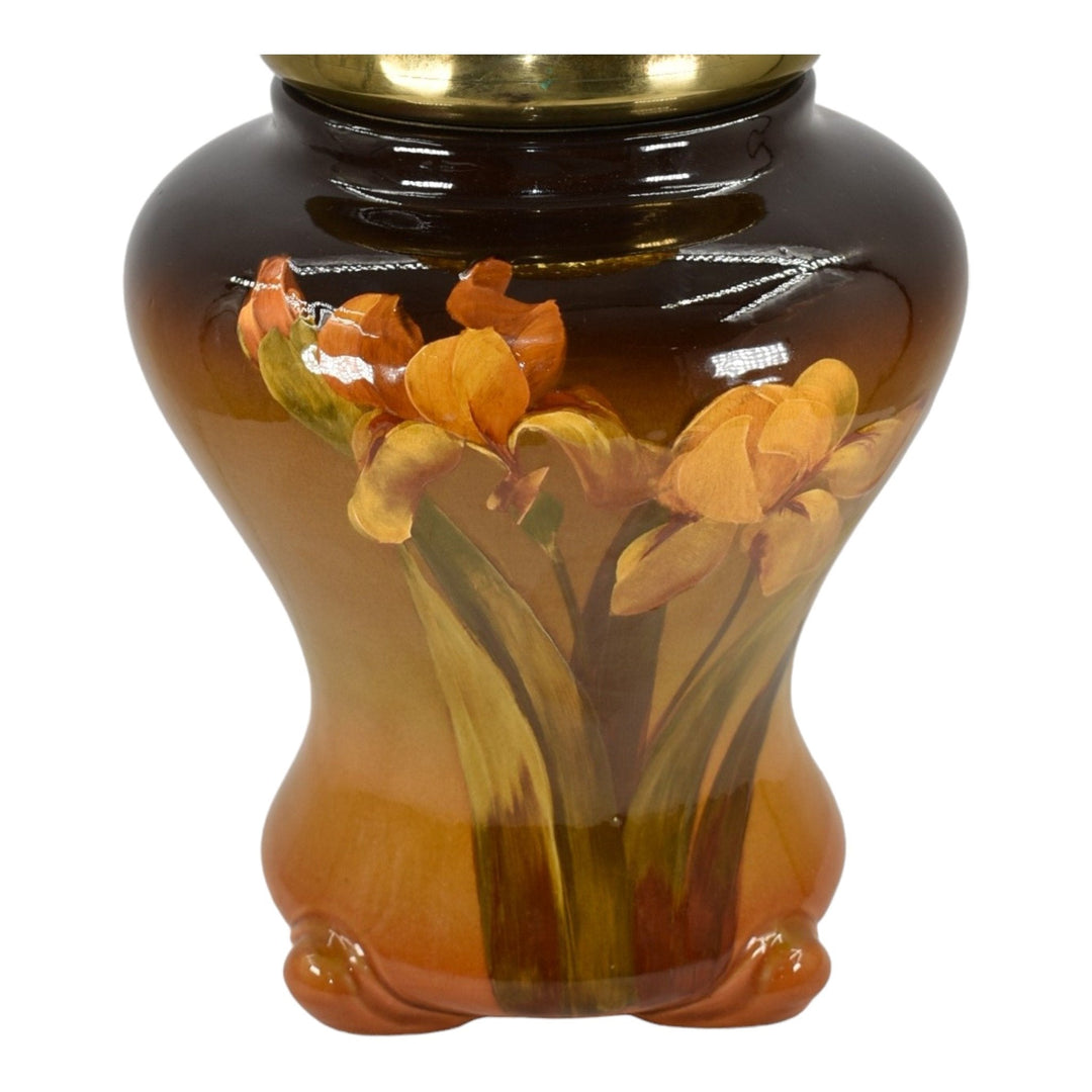 Weller Louwelsa 1900s Vintage Art Pottery Brown Ceramic Flower Lamp Dibowski - Just Art Pottery