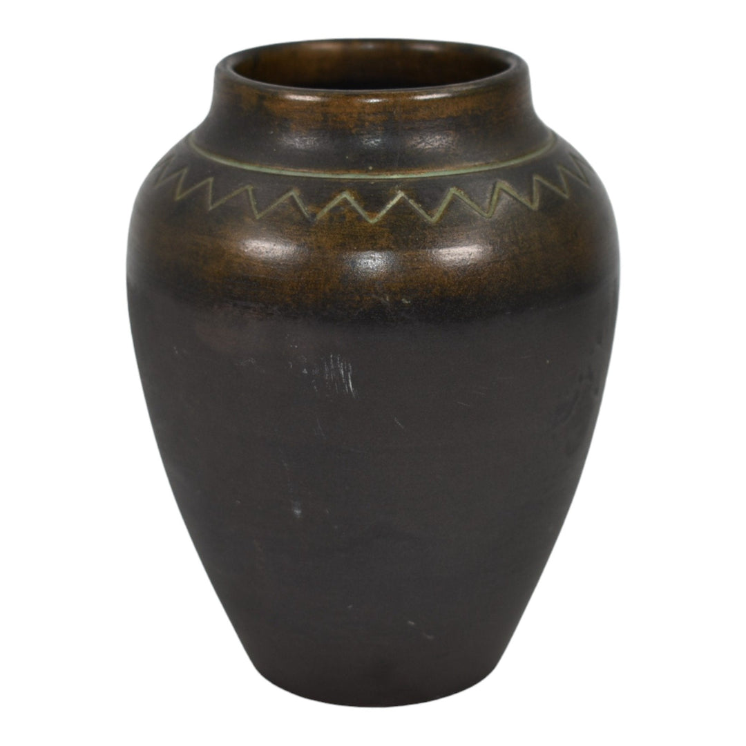 Norse 1903-13 Vintage Art Pottery Geometric Design Bronze Ware Ceramic Vase 45 - Just Art Pottery