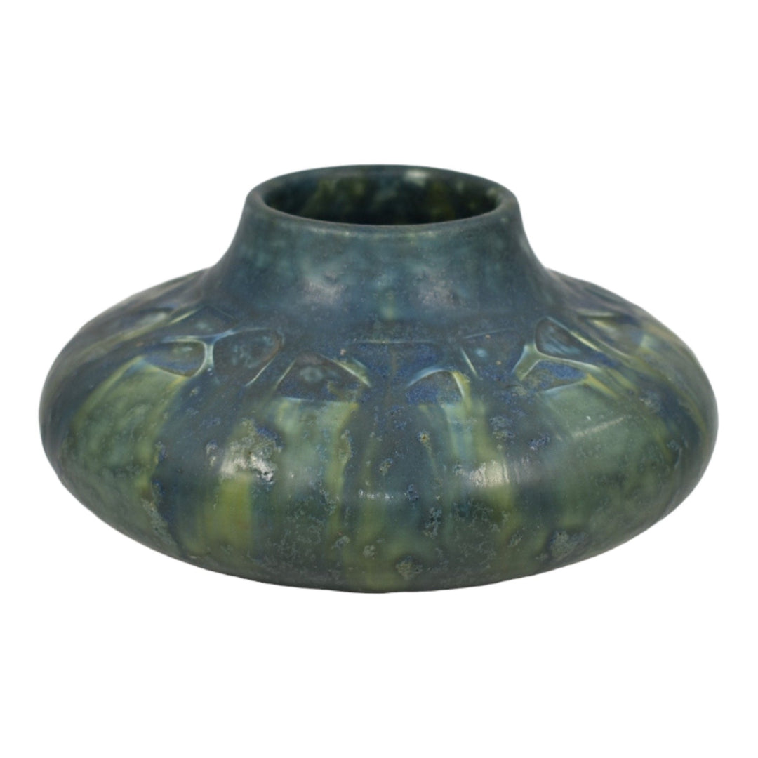 Rookwood 1910 Vintage Arts And Crafts Pottery Blue Green Vellum Squat Vase 979 - Just Art Pottery