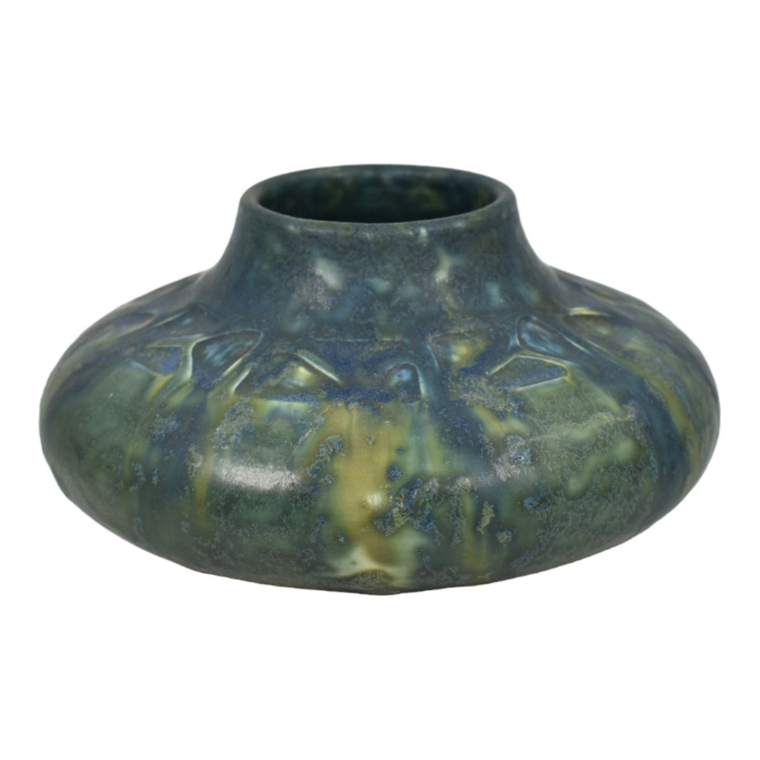Rookwood 1910 Vintage Arts And Crafts Pottery Blue Green Vellum Squat Vase 979 - Just Art Pottery