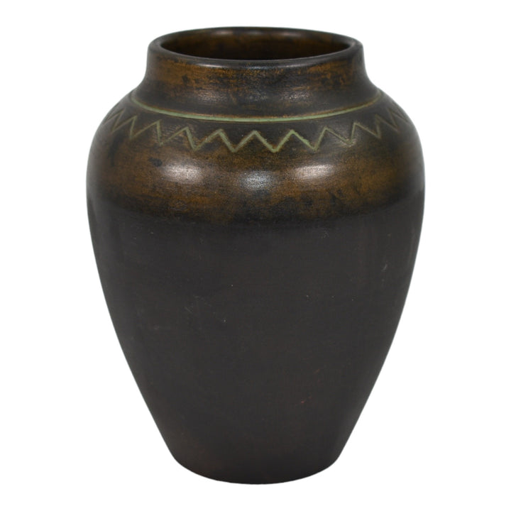 Norse 1903-13 Vintage Art Pottery Geometric Design Bronze Ware Ceramic Vase 45 - Just Art Pottery