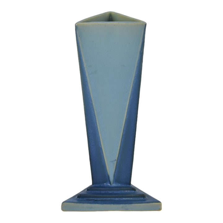 Roseville Futura Blue 1928 Art Deco Pottery Little Blue Triangle Vase 383-8 - Just Art Pottery