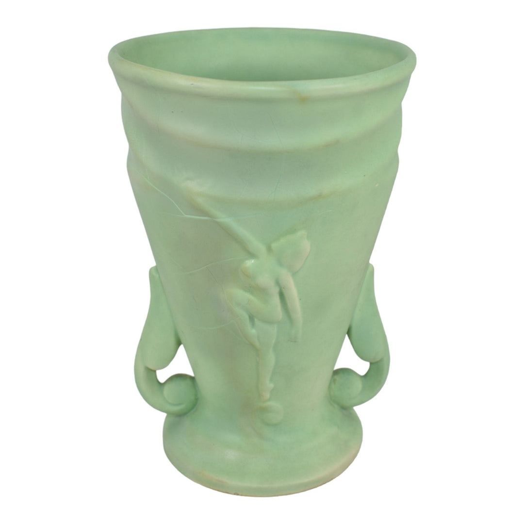 Rumrill 1930s Vintage Art Deco Pottery Green Nude Ceramic Flower Vase H-24 - Just Art Pottery