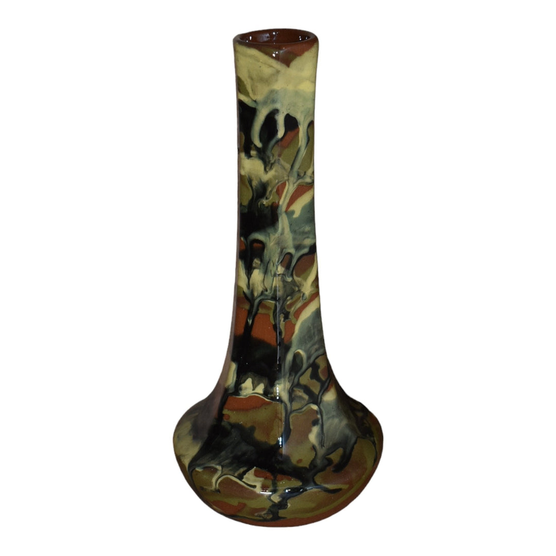 Peters and Reed Marbleized Brown Green Yellow 1920s Art Pottery Ceramic Vase 49 - Just Art Pottery