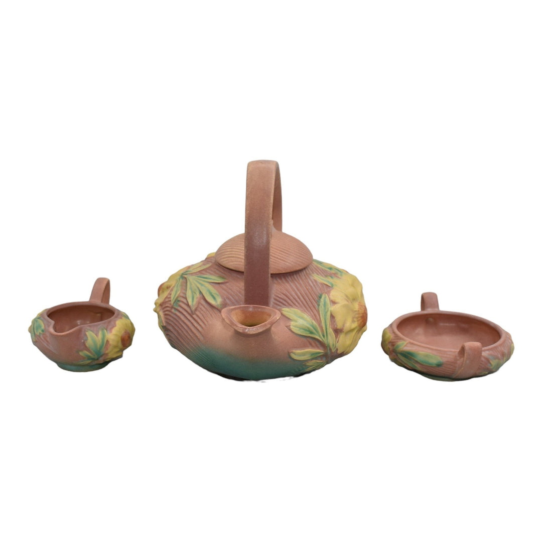 Roseville Peony Pink 1942 Art Pottery Teapot, Sugar Bowl, Creamer Tea Set 3 - Just Art Pottery