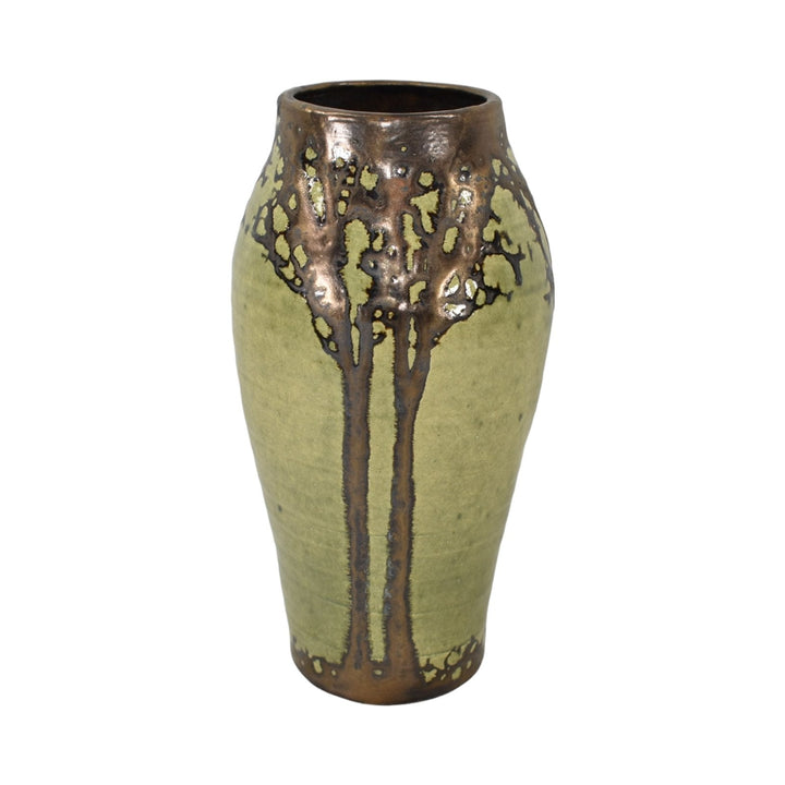 Hog Hill Studio Pottery 2008 Hand Made Green Bronze Luster Oak Tree Tall Vase - Just Art Pottery