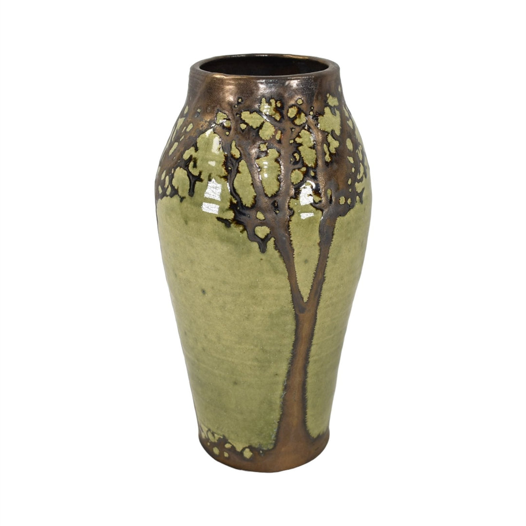 Hog Hill Studio Pottery 2008 Hand Made Green Bronze Luster Oak Tree Tall Vase - Just Art Pottery